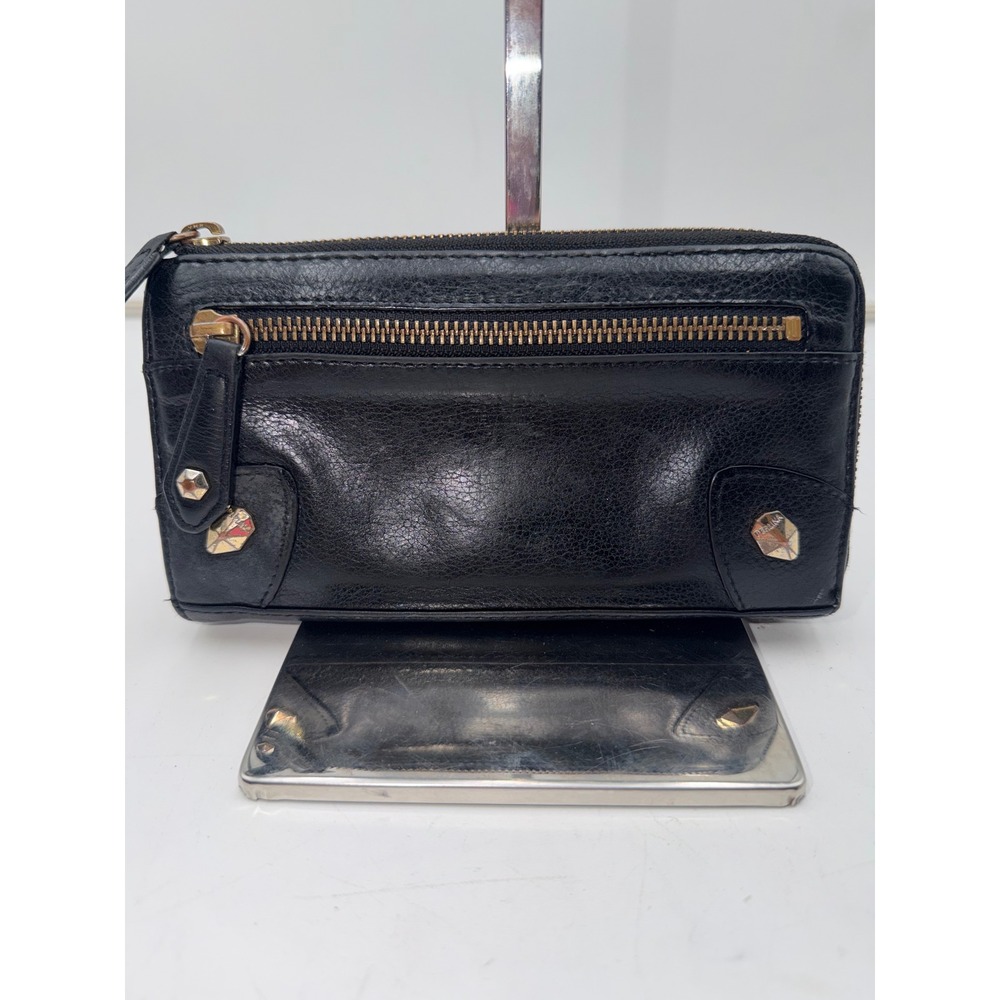 Perlina Vintage New York Black Leather Zip Around Wallet Gold Interior**